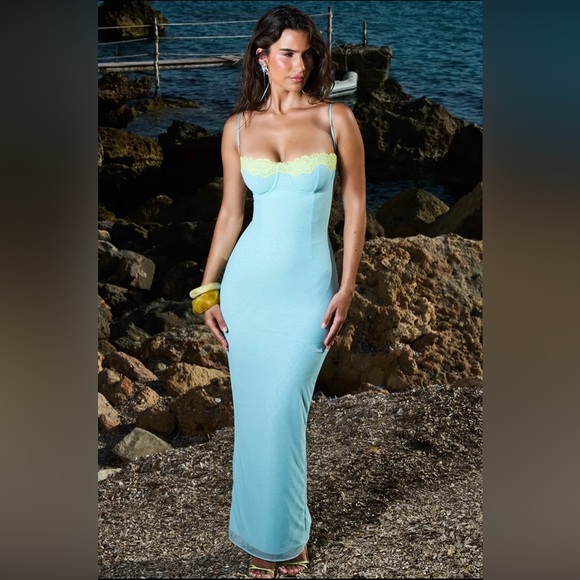 HOUSE OF CB 'Aiza' Ocean Blue Contrast Lace Maxi Dress - Picture 1 of 4